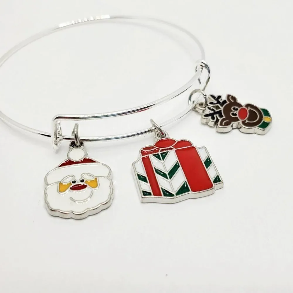 Christmas Santa, Present, and Reindeer Charm Bracelet, Silver Adjustable Jewelry